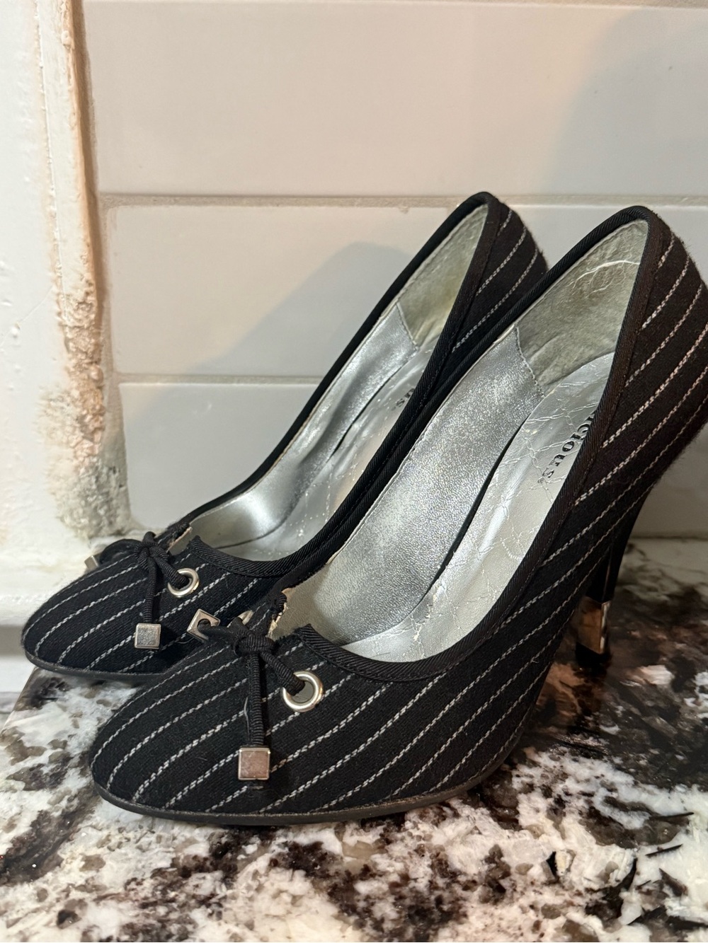 Delicious Black Pinstripe Bow Accent Heels